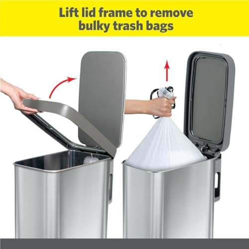 Glad Slim Trash Can with Clorox Odor Protection - Narrow Kitchen Garbage Bin with Soft Close Lid, Step On Foot Pedal and Waste Bag Roll Holder, All Stainless, 12 Gallon/45 Liter