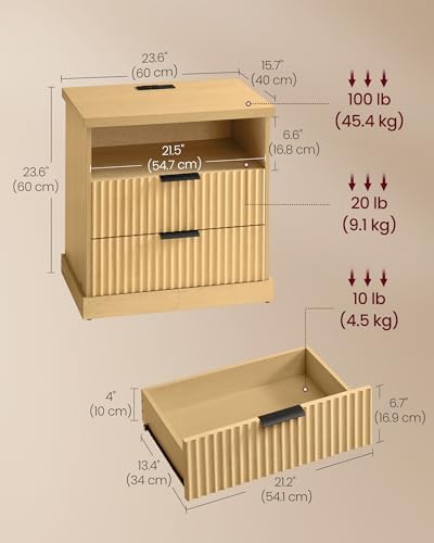 VASAGLE Set of 2 Nightstands with Charging Station, 2 Drawers, Open Shelf