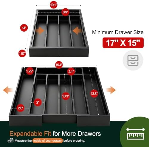 2-Piece Expandable Bamboo Kitchen Drawer Organizer for Cutlery and Utensils, Adjustable Bamboo Wood Cutlery Tray in Drawer for Flatware and Silverware in Kitchen, (Black)