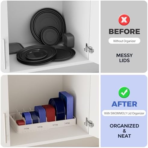 SWOMMOLY Expandable Food Container Lid Organizer for Kitchen Cabinet
