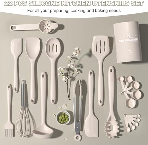 Umite Chef 22-Piece Silicone Cooking Utensils Set，Heat Resistant & Dishwasher Safe Kitchen Tools, Black Non-Scratch Spatula Set for Nonstick Cookware (Khaki)