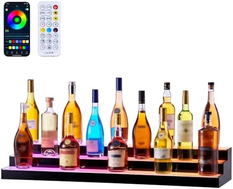 VEVOR LED Lighted Liquor Bottle Display, 3 Tiers 40 Inches, Supports USB, Illuminated Home Bar Shelf with RF Remote & App Control 7 Static Colors 1-4 H Timing, Acrylic Lighted Shelf for 30 Bottles
