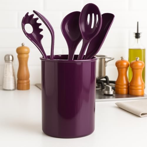 Reston Lloyd 6 Piece Kitchen Utensil Holder for kitchen counter, Utensils crock with Heat Resistant Spoon, Slotted Spoon, Ladle, Spatula BPA Free, Plum