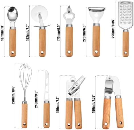 Stainless Steel Kitchen Gadget Set – 9 PCS Western Cooking Utensil & Tool with Wooden Handle: Pizza Cutter, Garlic Press, Can and Bottle Opener, Ice Cream Scoop, Peeler, Cheese Grater and Knife, Whisk