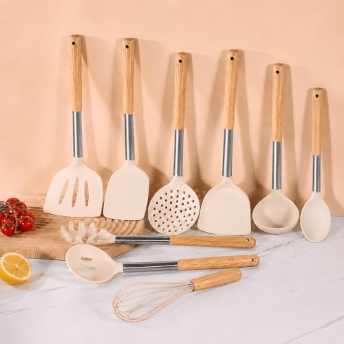 Silicone Kitchen Utensils Set, 9 Pcs Full-Size Non-Toxic Cooking Utensils with Wooden Handles & Stainless Steel Core, Heat Resistant Food Grade Kitchen Gadgets for Nonstick Cookware