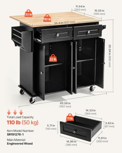VEVOR Kitchen Island Cart with Storage, 43.58 in Wide Mobile Rolling Storage Island on Swivel Wheels, with 2 Drawers, Storage Cabinet, Drop Leaf, Spice/Towel Rack, Table for Home Dining Room, Black