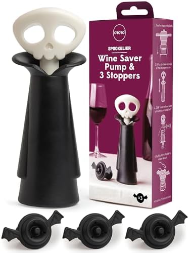 OTOTO Skull Wine Saver Pump and Stoppers - Halloween Gifts, Emo Accessories, Gothic Kitchen, Goth Gifts, Bat, Kitchen Gadgets - (Spookelier)