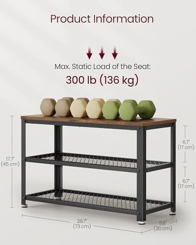 VASAGLE 3-Tier Shoe Rack, Storage Bench with Metal Mesh Shelves and Seat