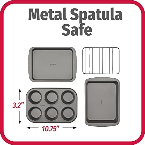 GoodCook 4-Piece Nonstick Steel Toaster Oven Set with Sheet Pan, Rack, Cake Pan, and Muffin Pan, Gray, 4-Piece Set Distributes Heat Evenly, Nonstick Coating, Dishwasher-Safe