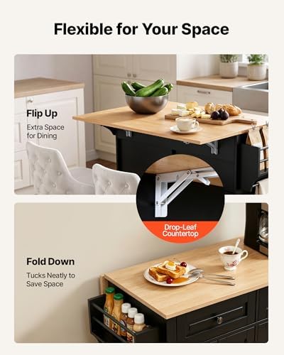 VEVOR Kitchen Island Cart with Storage, 43.58 in Wide Mobile Rolling Storage Island on Swivel Wheels, with 2 Drawers, Storage Cabinet, Drop Leaf, Spice/Towel Rack, Table for Home Dining Room, Black