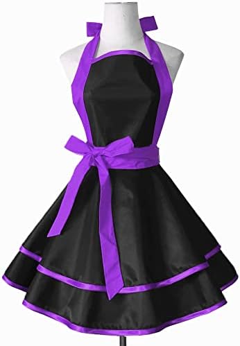 Violet Mist Cute Lovely Retro Aprons for Women Girls Lady Sexy Vintage Aprons Black Purple Vintage 50s Apron Halloween Christmas Apron Cooking Kitchen Ruffle Apron for Housewife Waitress Mother's Gift