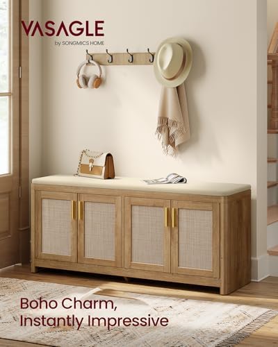 VASAGLE Boho Shoe Bench with Cushion, 4 Rattan-Look Cabinet Doors