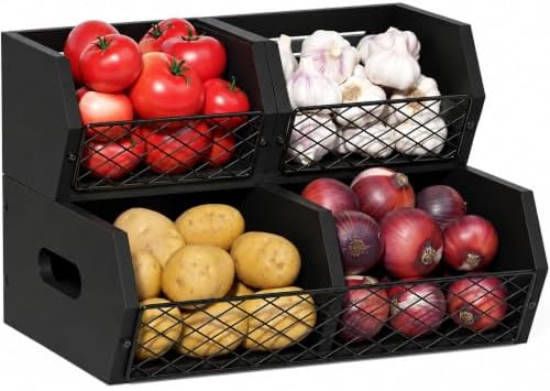 Wood Potato and Onion Storage Bins, Stackable Pantry Organizer, Rustic Produce Storage Baskets for Vegetable, Fruit and Snack, Black