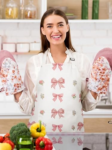 Bencailor 6 Pack Pink Bow Floral Aprons Gifts for Women with Pockets