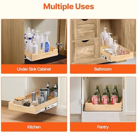 VEVOR Pull Out Cabinet Organizer, 14"W x 21"D Cabinet Drawer, Soft Close Slide out Shelf, Heavy-Duty Sliding Wood Drawer, Bottom Mount Size（14.5"W x 23"D）and Side Mount Size（15"W x 23"D）