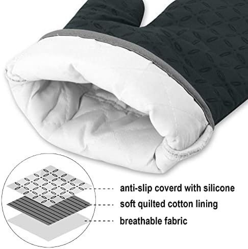 KEGOUU Oven Mitts and Pot Holders 6pcs Set, Kitchen Oven Glove High Heat Resistant 500 Degree Extra Long Oven Mitts and Potholder with Non-Slip Silicone Surface for Cooking (Deep Green)