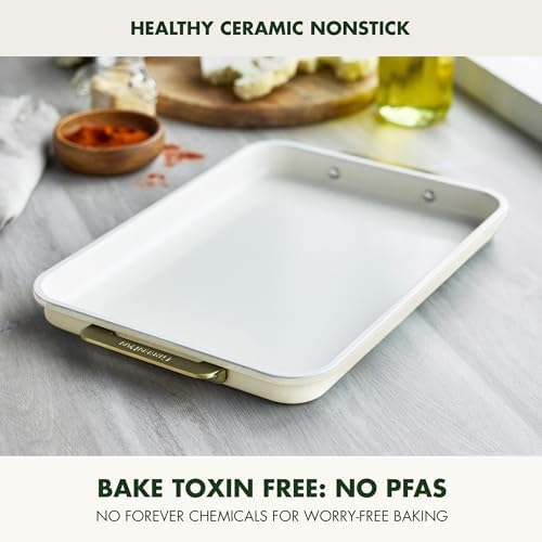 GreenPan Bakeware 13" x 9" Quarter Sheet Pan, Ceramic Nonstick Baking Pan, PFAS & BPA Free, Gold Handles, Durable Steel, Versatile & Space Saving Ovenware, Freezer to Oven Dish, Cream