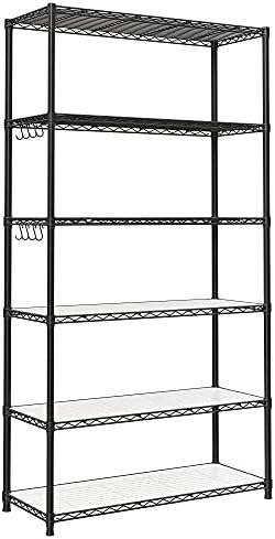 SONGMICS 6-Tier Storage Shelves, Adjustable Wire Shelving Unit, 8 Hooks