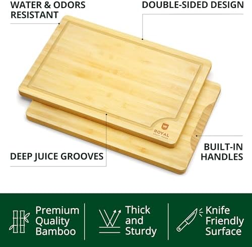 ROYAL CRAFT WOOD Wooden Cutting Boards for Kitchen Meal Prep & Serving - Bamboo Wood Serving Board Set with Deep Juice Groove Side Handles - Charcuterie & Chopping Butcher Block for Meat