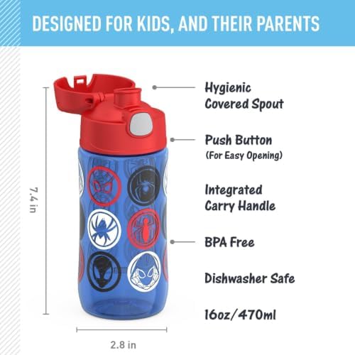 THERMOS FUNTAINER 16oz Plastic Bottle with Spout Lid, Spiderman