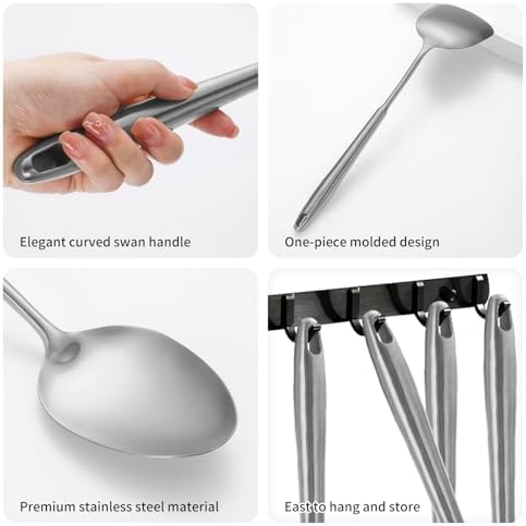 304 Stainlss Steel Kitchen Utensils Set, 12 Pcs Long Metal Cooking Utensil Gadgets Tools Set with Spatula, Ladle, Spoon, Ladle, Skimmer, Tunner, Pasta Server, Tongs(Silver, Dishwasher Safe)