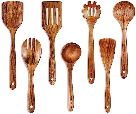 Mooues Wooden Kitchen Utensil Set, 12 Piece Natural Teak with Spoon Rest