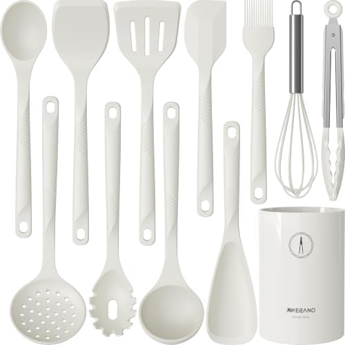 Silicone Cooking Utensils Set - 600°F Heat Resistant, Nonstick Kitchen Utensil Set with Spatulas, Spoons, Whisk, Tongs, BPA Free, Dishwasher Safe, Cream White
