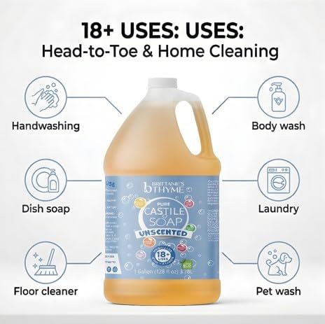 Brittanie's Pure Castile Liquid Olive Oil Soap Refill, Unscented, 1 Gallon | Multi-Purpose For Body, Face, Hands, Laundry, Dishes, Pets & Baby, Organic, Vegan, Non-GMO, Olive Oil, Made in USA