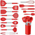 Onader 15 Pcs Silicone Cooking Utensils Set, Red Kitchen Utensils Spatula Set with Holder, Large Kitchen Gadgets Tools for Nonstick Cookware