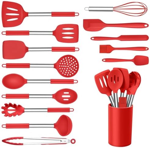 Onader 15 Pcs Silicone Cooking Utensils Set, Red Kitchen Utensils Spatula Set with Holder, Large Kitchen Gadgets Tools for Nonstick Cookware