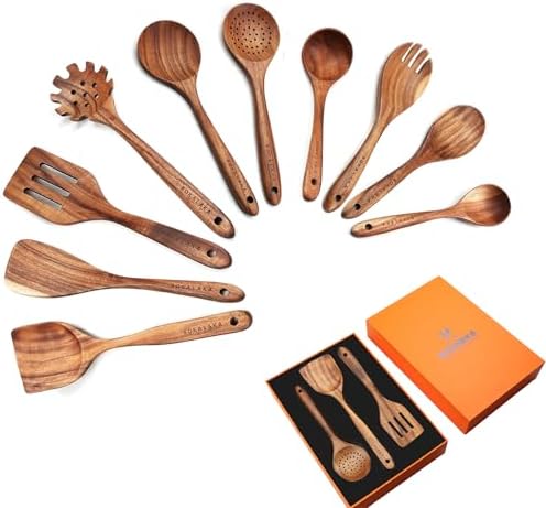Wooden Spoons for Cooking,10 Pack Wooden Utensils for Cooking Wooden Cooking Utensils Wooden Kitchen Utensils Set Natural Teak Wooden Spatulas for Cooking