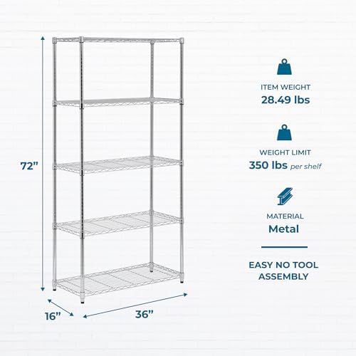 Honey-Can-Do 5-Tier Heavy Duty Adjustable Shelving Unit, 350-lb Per Shelf Metal Storage Rack, Chrome Wire Shelf for Garage Kitchen Basement Pantry, 36 x 16 x 72 in