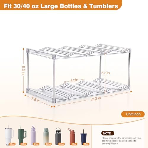 Large Compartment Water Bottle Organizer, Stackable Water Bottle Holder for Stanley 40 oz Tumbler, Clear Tumbler Organizer for Cabinet, Kitchen Pantry or Countertop, 3 Pack (2 Pack)