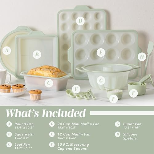 COOK WITH COLOR 17 Pc. Silicone Baking Pan Set - Non-Stick & Easy Clean Silicone Muffin Pans for Baking with Sturdy Metal Frame for Stability, Flexible Cake Molds, Includes Measuring Cups and Spoons