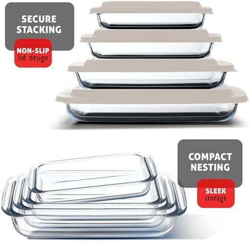 EATEX 16-Piece Deep Glass Casserole Dishes for Oven with Plastic lids, Rectangular Glass Baking Dish Set, Baking Pans for Lasagna, Leftovers, Cooking, Kitchen, Freezer-to-Oven and Dishwasher, Cream