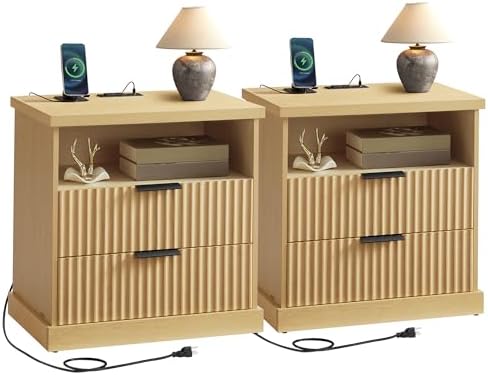 VASAGLE Set of 2 Nightstands with Charging Station, 2 Drawers, Open Shelf