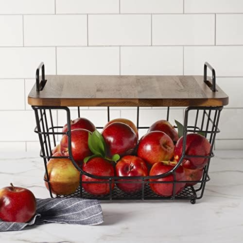 Gourmet Basics by Mikasa Madam Metal Stacking Nesting Rectangular Basket with Acacia Wood Lid, Space Saving Kitchen, Bathroom & Office Organizer, Antique Black