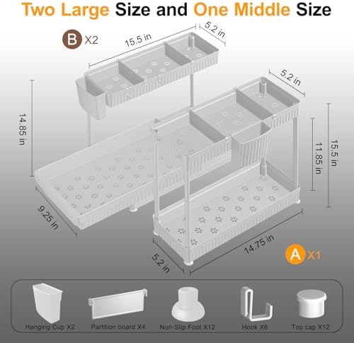 Sevenblue 3-Pack 2-Tier L-Shaped Under Sink Organizers with Sliding Drawers