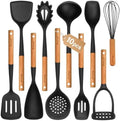 Large Silicone Cooking Utensils Set, 10Pcs Nonstick Kitchen Utensil Set with Wooden Handle, Heat Resistant Silicone Utensils for Cooking, BPA Free Spatula Set with Turners Spoon Ladle Skimmer(Black)
