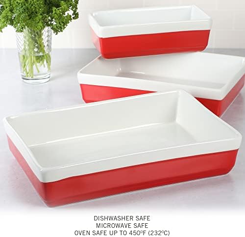 MARTHA STEWART 3-Piece Oven to Table Stoneware Bakeware Set – Baking Dish & Casserole Set – Red – Durable Oven-Safe Bakeware for Baking and Serving