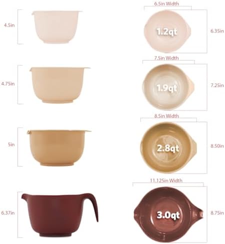 Glad Mixing Bowls with Pour Spout, Set of 4 - Nesting Plastic Bowls (1.2qt, 1.9qt, 2.8qt, and 3qt with Handle) - Non Slip Base, Dishwasher Safe Kitchen Cooking and Baking Supplies, Beige