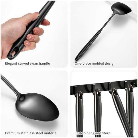 304 Stainless Steel Cooking Utensils,6 Pcs Kitchen Cooking Utensils Set with Spatula, Solid Spoon, Ladle, Skimmer, Spaghetti Spoon,Dishwasher Safe(Black)