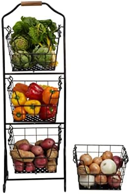Mikasa Gourmet Basics Ferme 4-Tier Market Basket - Antique Black Wire and Acacia Wood Handle, Kitchen Fruit Vegetable Storage Organizer, 13.5 x 11.5 x 51 Inches