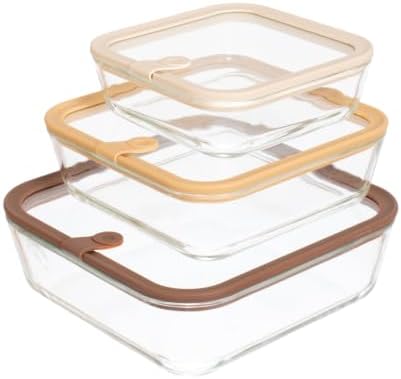 Glad Glass Food Storage Containers, Set of 3 - Airtight Vacuum Sealed Steam Vent Lids - Square Borosilicate Glass Dishes with Ombre Green Lids - Assorted Sizes for Meal Prep & Leftovers, Brown