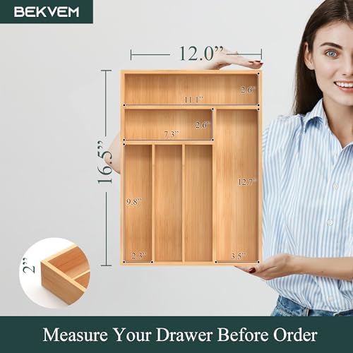 Bamboo Silverware Organizer, Kitchen Drawer Organizer, Utensil Holder, Cutlery Tray & Spoon Flatware Storage with Grooved Drawer Dividers (12''W x 16.5''D)