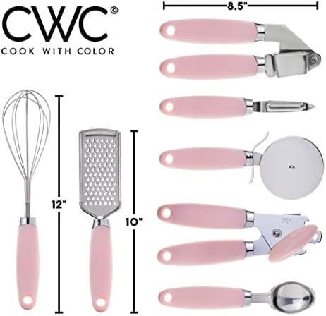 COOK WITH COLOR Kitchen Gadget Set Stainless Steel Utensils with Soft Touch Handles, 7 Pieces, Stainless Steel Pink