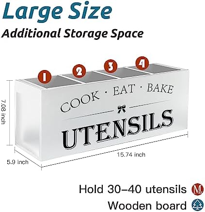 Suli Extra Large Utensil Holder Countertop for Kitchen Counter,Wood,White