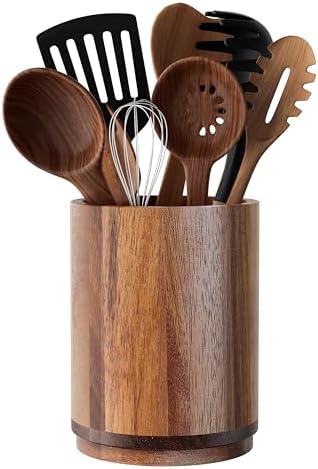 Utensil Holder, Acacia Wood Kitchen Utensil Holder for Countertop, 360°Rotating Cooking Utensil Crock for Kitchen Counter, 7.2" Large Utensil Organizer for Spatula