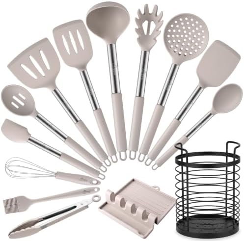 HOTEC Silicone Kitchen Cooking Utensils Set, 14pcs Khaki