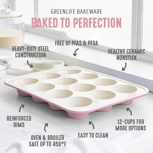 GreenLife 12-Cup Muffin Pan, Healthy Ceramic Nonstick Bakeware, PFOA & PFAS-Free Cupcake Sheet, Durable, Versatile Kitchen Essentials, Easy Clean Muffin Mold, Valentine’s Day gifting, Pink